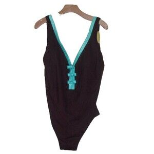 It Figures! One Piece Swimsuit Sz. 22W Chocolate Blue Tummy Thinner New NWT